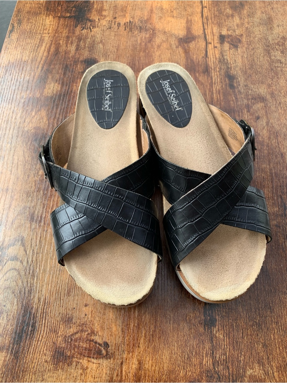 Josef Seibel Black Croc-Textured Cross-Strap Slide Mules